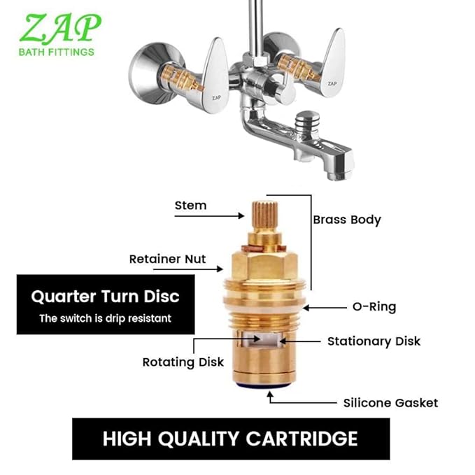 ZAP Breeza Series 3-in-1 Wall Mixer with Crutch & Multi-Flow Hand Shower | Complete Brass | 1.5m Flexible Tube | Chrome Finish | Deluxe Bathroom Fittings Set