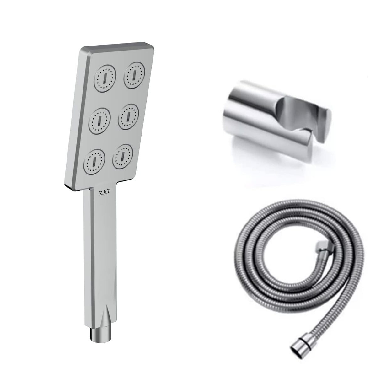 Zap ZX8765 Hand Shower with Stand and Hose Pipe, Flexible Silicone Nozzles, Stainless Steel Finish, Lightweight, Great Grip, Precise Water Flow(Ultra Modern Sleek, Single Flow, Elegant Design)