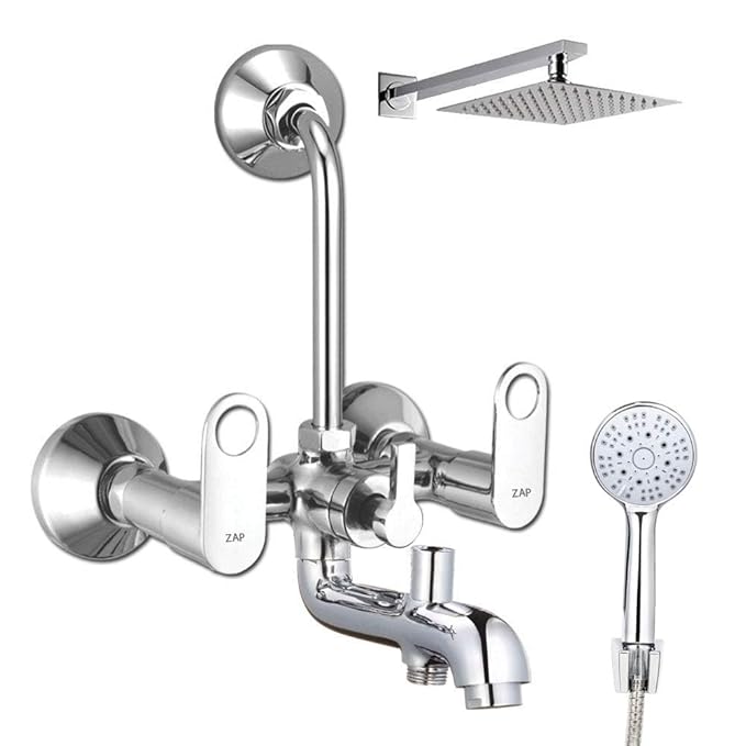 ZAP GEO305 GEO Series Full Brass 3-in-1 Wall Mixer with Shower Arm, Shower Head, Multi-Flow Hand Shower & 1.5m Tube – Chrome Finish
