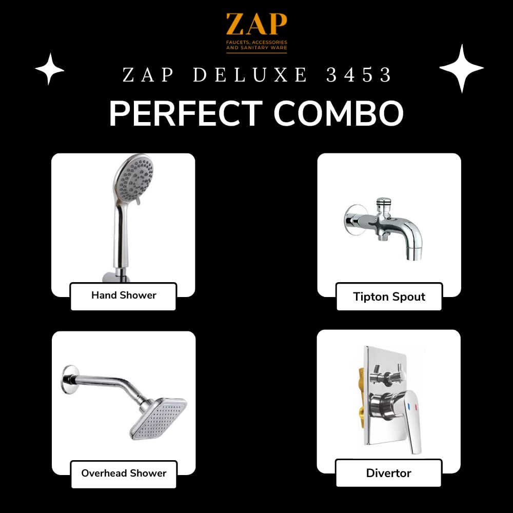 ZAP Deluxe 3435 COMBO OF Hexa Ultra Square High Grade Overhead Shower and ABS Silicon Hand Shower with Tipton Spout and Divertor