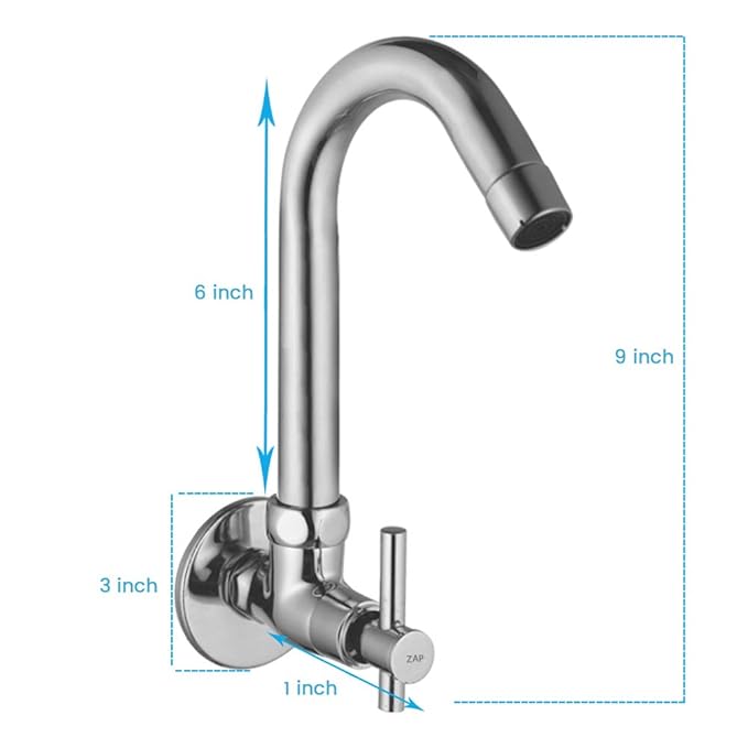 ZAP Mini Terrim Kitchen Sink Cock with Swivel Spout | 18x2 Inch Brass Body | Chrome Finish | Wall-Mounted Tap for Kitchen & Basin