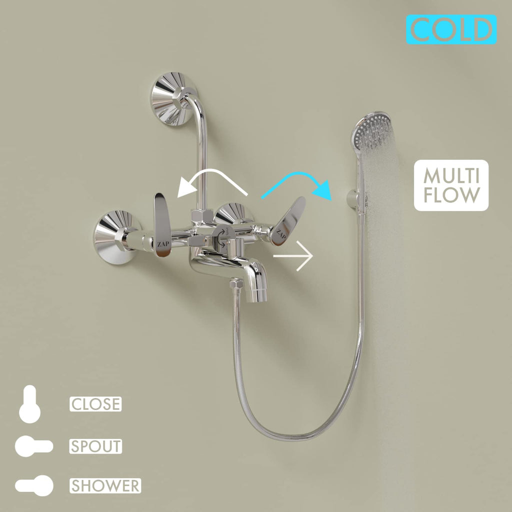 ZAP ARMX305 Arrow Series 3-in-1 Wall Mixer Tap Set | 100% Brass Bathroom Fitting with Overhead Shower, Hand Shower & 1.5m Hose | Chrome Finish | Wall Mounted | Made in India