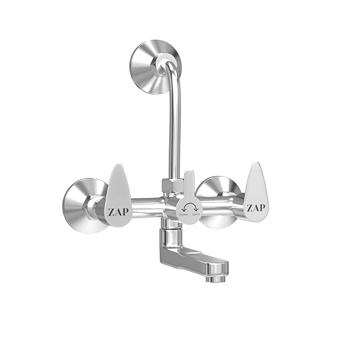 Zap Nova 2 In 1 Brass Wall Mixer with Provision for Overhead Shower and 125 mm Long Bend Pipe – Visible Hot/Cold with Faucet Cleaner Knobs