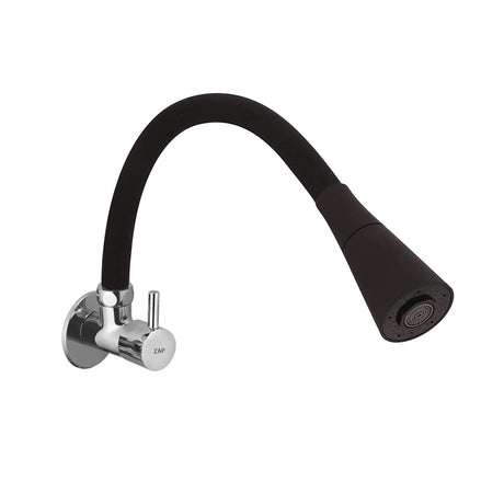 ZAP FX19002 Brass Kitchen Sink Tap – 6.5 Inch Flexible Black Silicone Spout | Dual Flow Swivel Faucet | Black & Chrome Finish | Wall Mounted Hot & Cold Tap