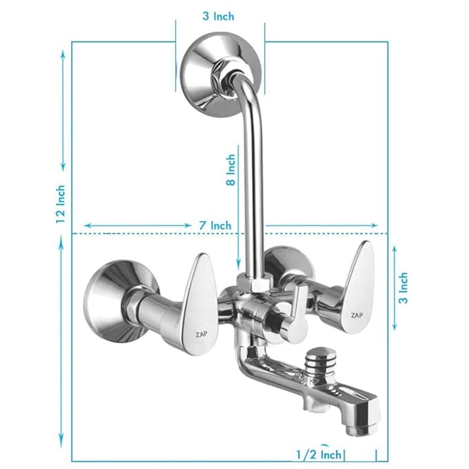 ZAP Breeza Series 3-in-1 Wall Mixer with Crutch & Multi-Flow Hand Shower | Complete Brass | 1.5m Flexible Tube | Chrome Finish | Deluxe Bathroom Fittings Set