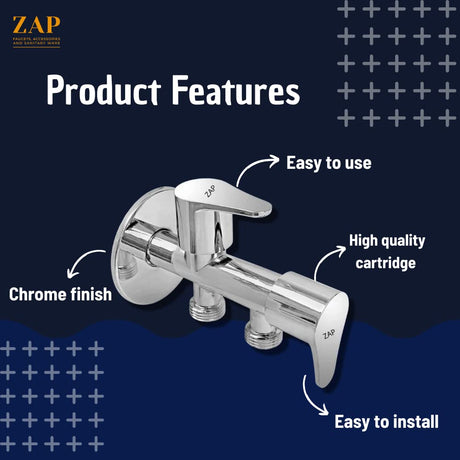 ZAP 2-in-1 Brass Angle Valve | Heavy-Duty Chrome Finish Dual Outlet Valve with Wall Flange | Quarter Turn 2-Way Tap for Bathroom, Kitchen, Geyser, Jet Spray & Basin | 15mm BSP | Made in India