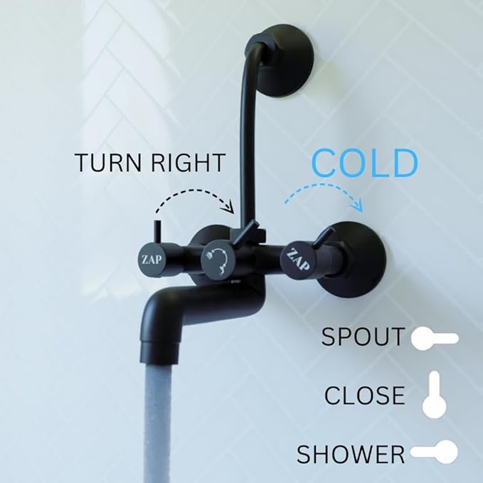 ZAP Elixir 2-in-1 Full Brass Wall Mixer for Bathroom | Matte Black Finish | Includes Long Bend Pipe for Overhead Shower | Durable & Rust Resistant | Wall-Mounted Fitting