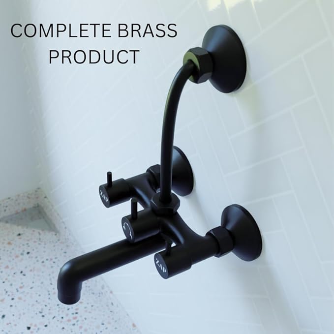 ZAP Elixir 2-in-1 Full Brass Wall Mixer for Bathroom | Matte Black Finish | Includes Long Bend Pipe for Overhead Shower | Durable & Rust Resistant | Wall-Mounted Fitting
