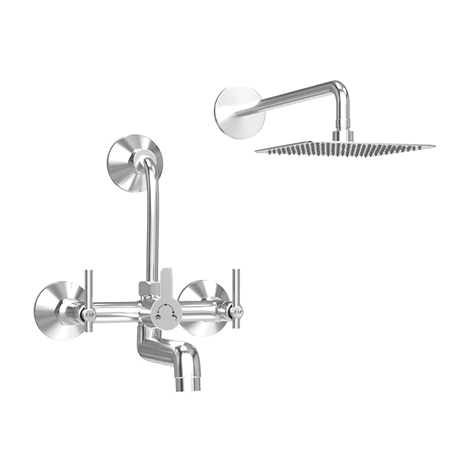 ZAP TRM Series Brass Wall Mixer with Overhead Shower System Set and 125mm Long Bend Pipe | Chrome Finish | Bathroom Tap for Hot and Cold Water Control | Durable & Rust Resistant