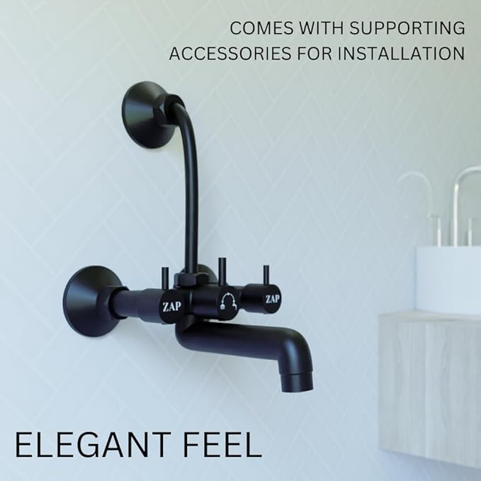 ZAP Elixir 2-in-1 Full Brass Wall Mixer for Bathroom | Matte Black Finish | Includes Long Bend Pipe for Overhead Shower | Durable & Rust Resistant | Wall-Mounted Fitting