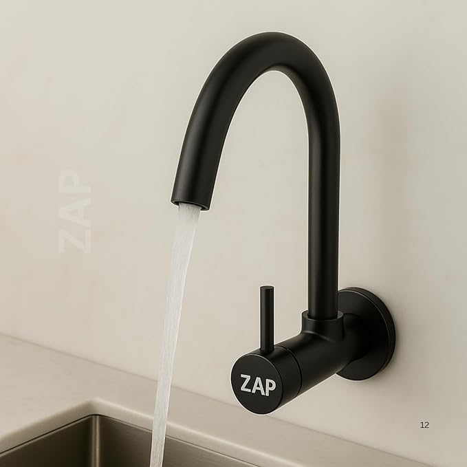 Black Brass Kitchen Wall Mounted Sink Tap with 360° Swivel Spout