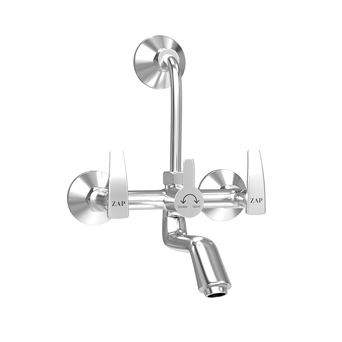 ZAP Hexa Series 2311 Premium Brass Wall Mixer | Chrome Finish | With Overhead Shower Provision & 125mm Bend Pipe | Hot & Cold Water Knobs | Wall-Mounted Faucet | With Faucet Cleaner