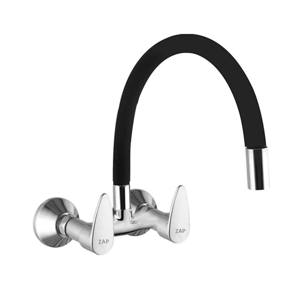 ZAP Elixir 3453 Brass Sink Mixer – Wall Mounted Kitchen Tap with Flexible Silicone Swivel Spout | Hot & Cold Water Faucet | Chrome Finish Sink Mixer for Modular Kitchens