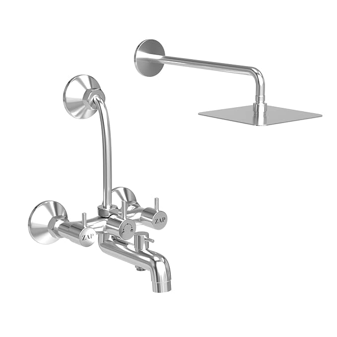 ZAP Elixir Series High Grade 100% Brass 3-in-1 Wall Mixer with Overhead Shower System and 125mm Long Bend Pipe, Chrome Finish