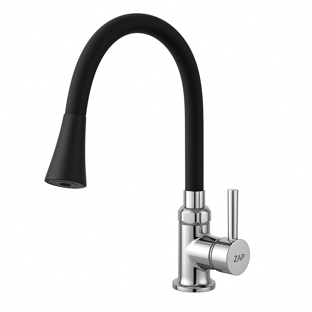 ZAP Pluto High Grade Brass Kitchen Tap | Swan Neck Design | 360° Swivel Spout | Dual Flow | Flexible Silicone Spout | Rust-Proof | Hot & Cold Mixer | Chrome Finish