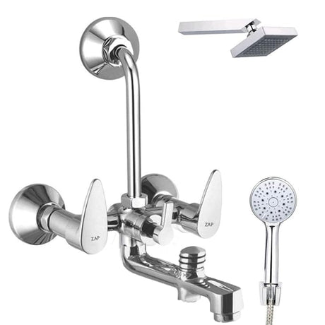 ZAP Breeza Series 3-in-1 Wall Mixer with Crutch & Multi-Flow Hand Shower | Complete Brass | 1.5m Flexible Tube | Chrome Finish | Deluxe Bathroom Fittings Set