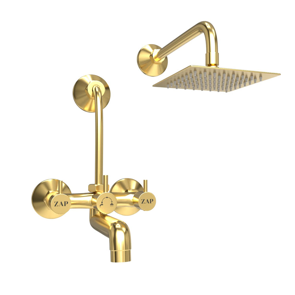 ZAP Elixir Gold Series High Grade 100% Brass 2 in 1 Wall Mixer With Overhead Shower Set and 125 mm Long Bend Pipe- Hot/Cold Knobs With Chrome Finish and Faucet Cleaner