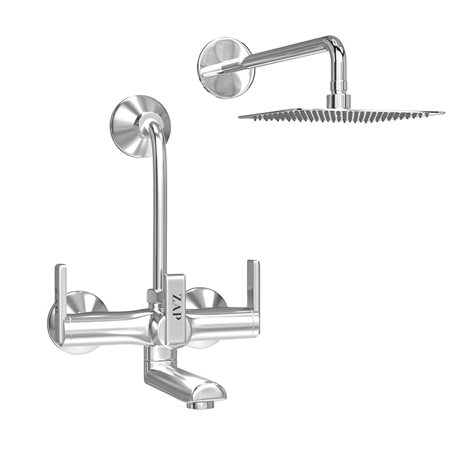ZAP Ultra Cube Series High Grade 100% Brass 2-in-1 Wall Mixer with Overhead Shower Set and 125mm Long Bend Pipe | Hot/Cold Knobs with Chrome Finish and Faucet Cleaner