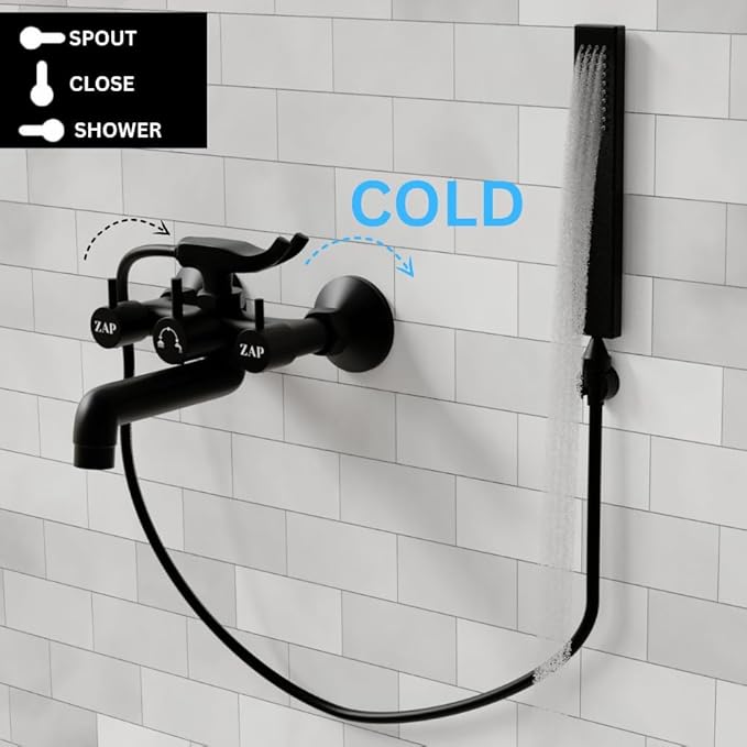ZAP Elixir 2-in-1 Full Brass Wall Mixer for Bathroom | Matte Black Finish | Includes Long Bend Pipe for Overhead Shower | Durable & Rust Resistant | Wall-Mounted Fitting