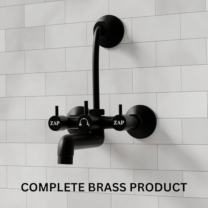 ZAP Elixir Bass 2-in-1 Full Brass Wall Mixer with Hand Shower, Overhead Shower Provision & Long Bend Pipe – Black Matte Finish | Rust Resistant | Stylish Wall Mounted Tap for Bathroom