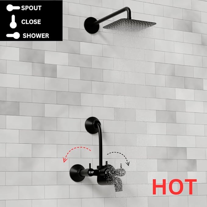 ZAP Elixir 2-in-1 Full Brass Wall Mixer for Bathroom | Matte Black Finish | Includes Long Bend Pipe for Overhead Shower | Durable & Rust Resistant | Wall-Mounted Fitting