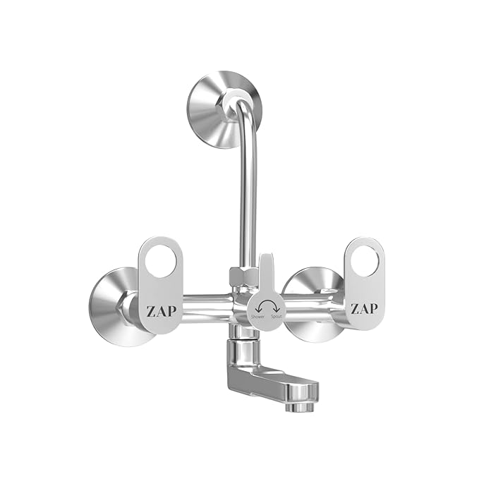 ZAP GEO Series Brass Wall Mixer | Chrome Finish | 2-in-1 Faucet with Overhead Shower Provision & 360° Swivel Bend | Hot & Cold Water Knobs | Wall-Mounted Bathroom Mixer