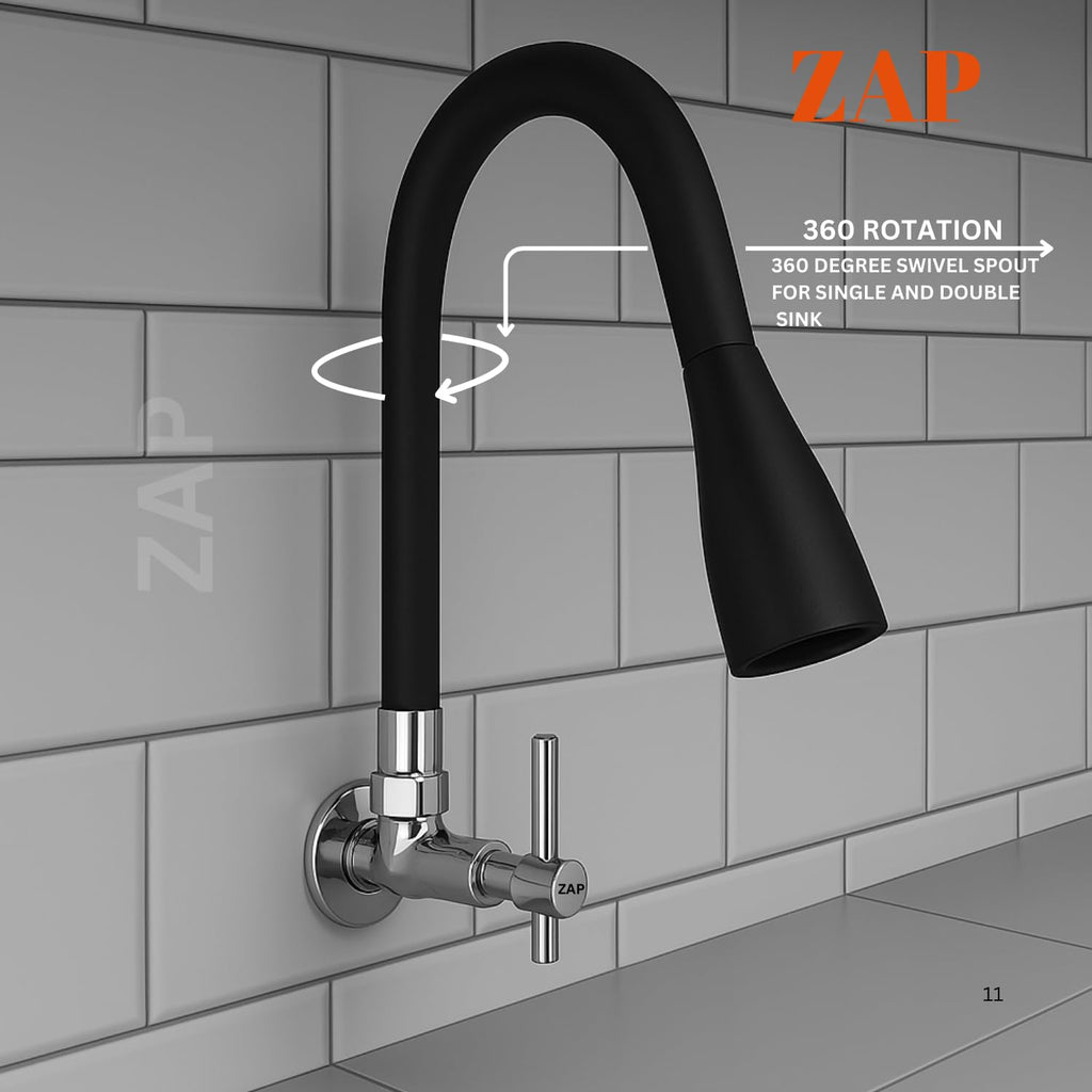 ZAP Terrim Flexible Kitchen Sink Tap with Pull-Down Sprayer | 360° Rotatable Faucet | Dual Flow Water Outlet | Black Silicone | Durable Brass Body