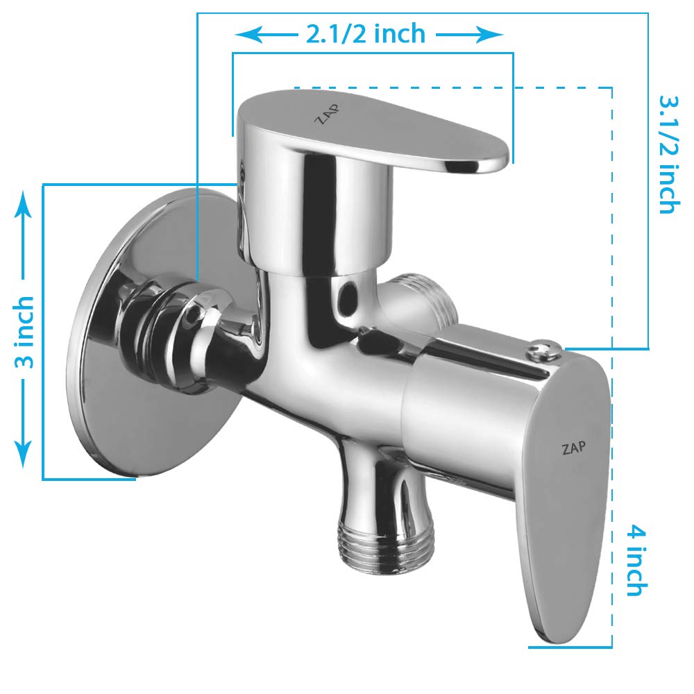 ZAP Pluto 2-Way Bib Cock Faucet – Set of 2 | Heavy-Duty Brass 9x5 Inch Dual Outlet Tap with Chrome Finish, Wall Flange & Water-Saving Nozzle | Washing Machine Compatible | 2-in-1 Bathroom/Kitchen Faucet | Made in India