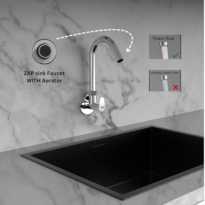 ZAP Pluto Heavy Wall-Mount Kitchen Sink Tap with 360° Swivel Spout | Chrome Finish Brass Sink Cock with Flange | 7-Year Warranty | Kitchen & Basin Tap