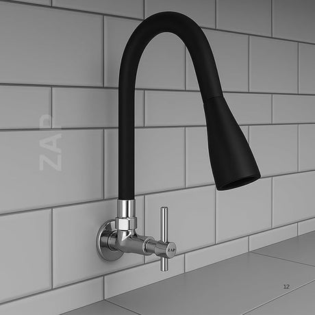 ZAP Terrim Flexible Kitchen Sink Tap with Pull-Down Sprayer | 360° Rotatable Silicone Faucet | Single Flow Water Outlet | Black | Durable Brass Body