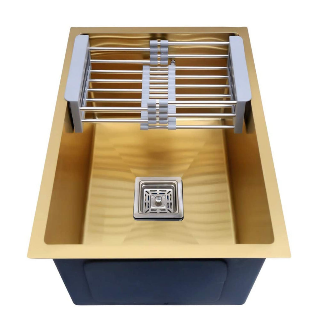Zap Kitchen Sink Single Bowl 24x18 Inch | Gold Finish | 304 Stainless Steel | Dual Water Aerator, Sink Drainer Basket, Waste Coupling & Pipe | R Angle Corners | Smooth Drainage | Noise Reduction Pads