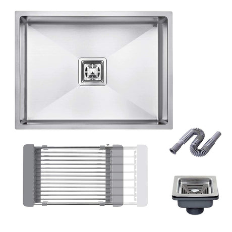 Zap Kitchen Sink Single Bowl 24x18 Inch | Chrome Finish | 304 Stainless Steel | Dual Water Aerator, Drainer Basket, Waste Coupling & Pipe | R Angle Corners | Smooth Drainage | Noise Reduction Pads