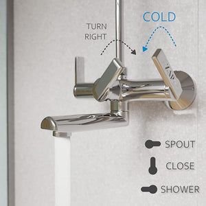 ZAP Ultra Cube Series High Grade 100% Brass 2-in-1 Wall Mixer with Overhead Shower Set and 125mm Long Bend Pipe | Hot/Cold Knobs with Chrome Finish and Faucet Cleaner