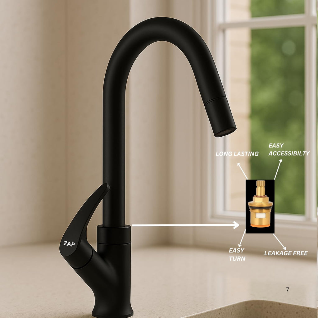 Zap Black Swan Neck Kitchen Sink Tap with 360° Swivel Spout | Premium Pillar Faucet for Kitchen & Wash Basin | Brass Tap for Sink | Sleek Design | Rust-Resistant | Easy Installation