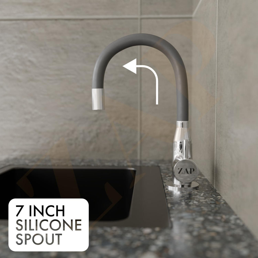 ZAP Swan Neck with Flexible Swivel Spout | Single Flow Kitchen Sink Tap | Grey Silicone Spout Brass Faucet | Hot & Cold Sink Faucet | Tap for Kitchen Sink | Wash Basin Tap | Pillar Tap