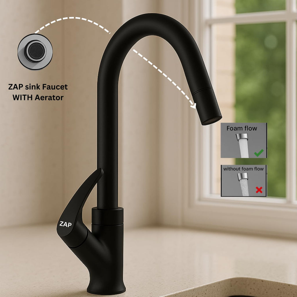 Zap Black Swan Neck Kitchen Sink Tap with 360° Swivel Spout | Premium Pillar Faucet for Kitchen & Wash Basin | Brass Tap for Sink | Sleek Design | Rust-Resistant | Easy Installation