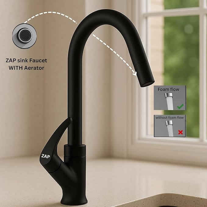ZAP Rose Gold Swan Neck Kitchen Sink Tap – 360° Swivel Spout, Brass Pillar Faucet for Kitchen & Wash Basin