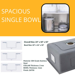Zap Kitchen Sink Single Bowl 30x20 cm Silver Matt Finish | 304 Stainless Steel | Includes Sink Drainer Basket, Steel Waste Coupling & Waste Pipe | Smooth Drainage & Noise Reduction Pads