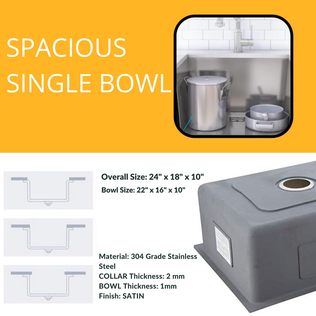 Zap Kitchen Sink Single Bowl 21x18 cm Silver Matt Finish | 304 Stainless Steel | Includes Sink Drainer Basket, Steel Waste Coupling & Waste Pipe | Smooth Drainage & Noise Reduction Pads