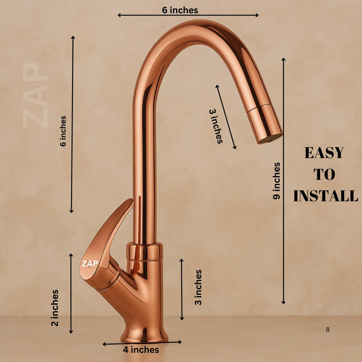 Zap Rose Gold Swan Neck Kitchen Sink Tap with 360° Swivel Spout | Premium Pillar Faucet for Kitchen & Wash Basin | Brass Tap for Sink | Sleek Design | Rust-Resistant | Easy Installation