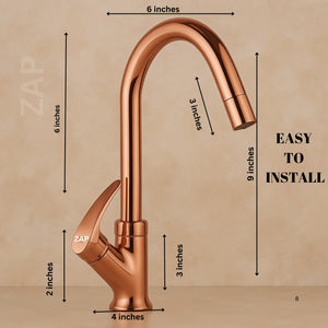 Zap Rose Gold Swan Neck Kitchen Sink Tap with 360° Swivel Spout | Premium Pillar Faucet for Kitchen & Wash Basin | Brass Tap for Sink | Sleek Design | Rust-Resistant | Easy Installation