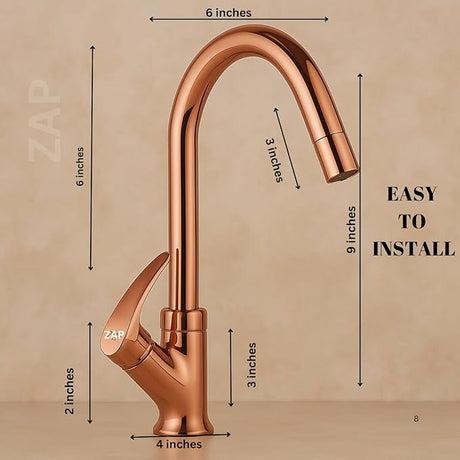 ZAP Rose Gold Swan Neck Kitchen Sink Tap – 360° Swivel Spout, Brass Pillar Faucet for Kitchen & Wash Basin