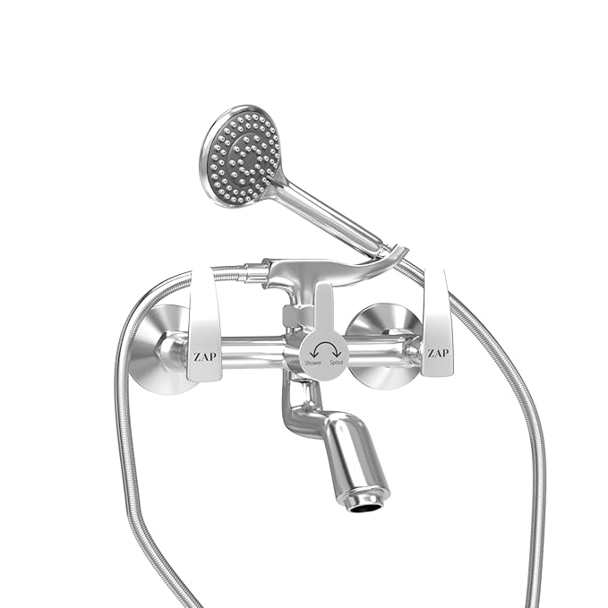 ZAP Hexa Series 2-in-1 Wall Mixer with Crutch | Brass Body with Multi-Flow Hand Shower & 1.5m Stainless Steel Hose | Chrome Finish Bathroom Fitting