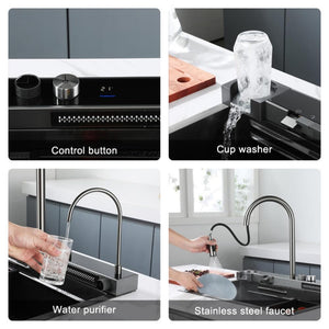 ZAP Millennium Series Piano Kitchen Sink 30x18 Inches Black | Digital Integrated Multifunction Waterfall Sink with LED Lights & Digital Display Screen