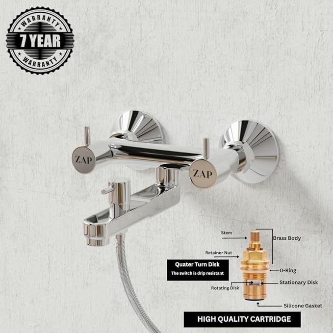 ZAP Elixir Series Brass Wall Mixer Tap | Non-Telephonic Design | Chrome Finish Bathroom Faucet | Wall-Mounted Hot & Cold Water Mixer | Durable Brass Construction | Modern Bathroom Fittings