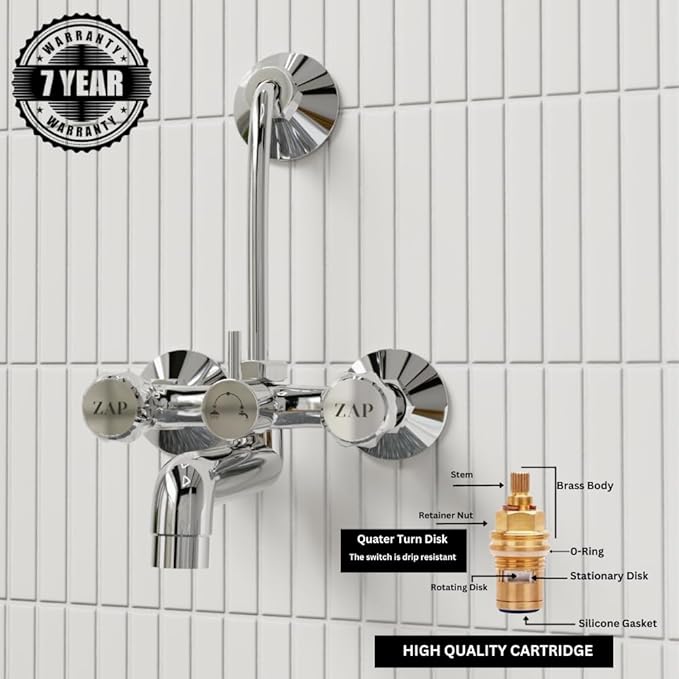 ZAP Continental Series Brass Wall Mixer | Chrome Finish | With Overhead Shower Provision & 125mm Bend Pipe | Wall-Mounted Faucet | Durable Hot & Cold Water Mixer for Bathrooms