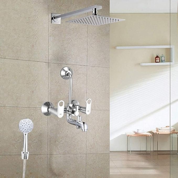 ZAP GEO305 GEO Series Full Brass 3-in-1 Wall Mixer with Shower Arm, Shower Head, Multi-Flow Hand Shower & 1.5m Tube – Chrome Finish