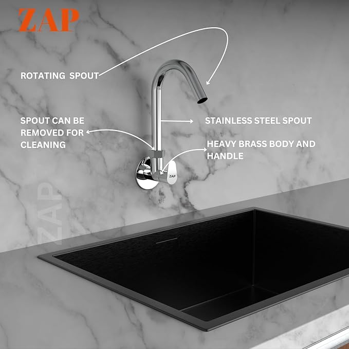ZAP Pluto Heavy Wall-Mount Kitchen Sink Tap with 360° Swivel Spout | Chrome Finish Brass Sink Cock with Flange | 7-Year Warranty | Kitchen & Basin Tap