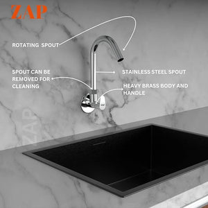 ZAP Pluto Heavy Wall-Mount Kitchen Sink Tap with 360° Swivel Spout | Chrome Finish Brass Sink Cock with Flange | 7-Year Warranty | Kitchen & Basin Tap