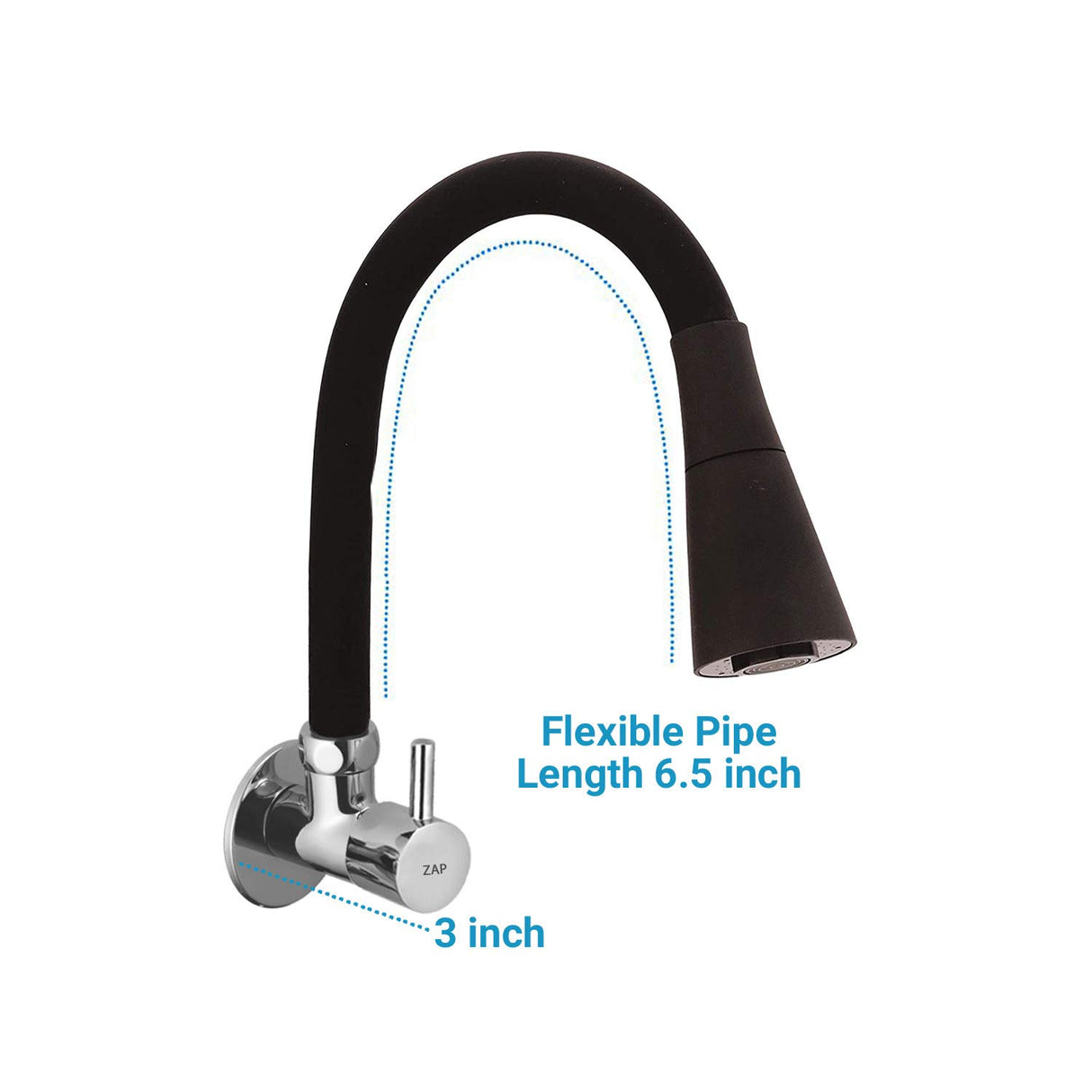 ZAP FX19002 Brass Kitchen Sink Tap – 6.5 Inch Flexible Black Silicone Spout | Dual Flow Swivel Faucet | Black & Chrome Finish | Wall Mounted Hot & Cold Tap